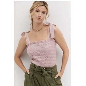 By Anthropologie Smocked Cami Tank Pink Rose Size XS Bows Lace Cottage C…